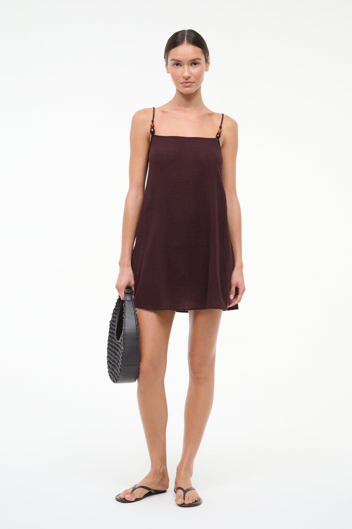 Dark chocolate mini coverup dress with side slit and spaghetti straps with beaded ends