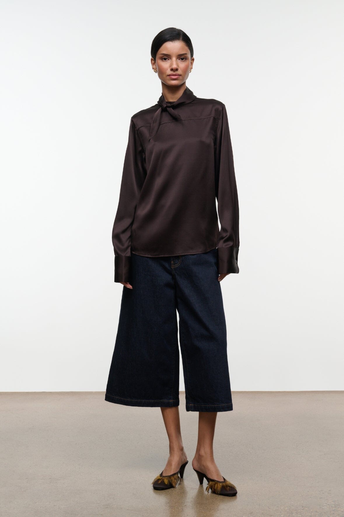 Long-sleeve earth-brown satin-silk top with stand collar, button front