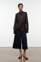 Long-sleeve earth-brown satin-silk top with stand collar, button front