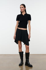 Black short skirt with draped front and uneven frayed hem