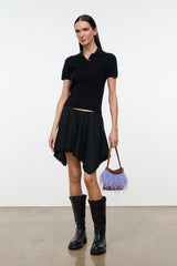 Black mini skirt with draped panels and jagged frayed hem