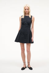 Black sleeveless mini dress with scoop neckline, gathered waist, A-line skirt