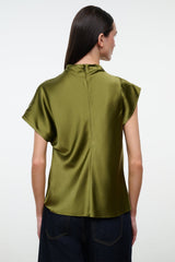 Back view of olive satin silk top with high neck and short sleeves, relaxed fit