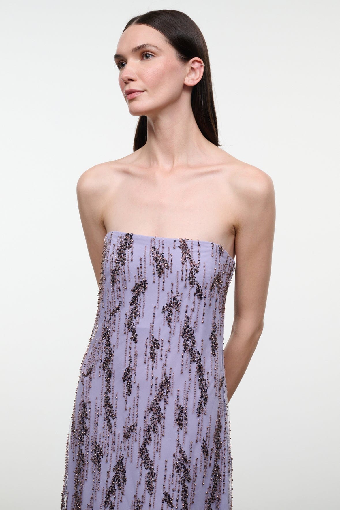 Lilac strapless bandeau maxi dress with black speckled print, front close-up