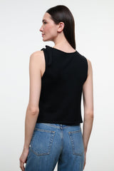 Black sleeveless crewneck top, back view