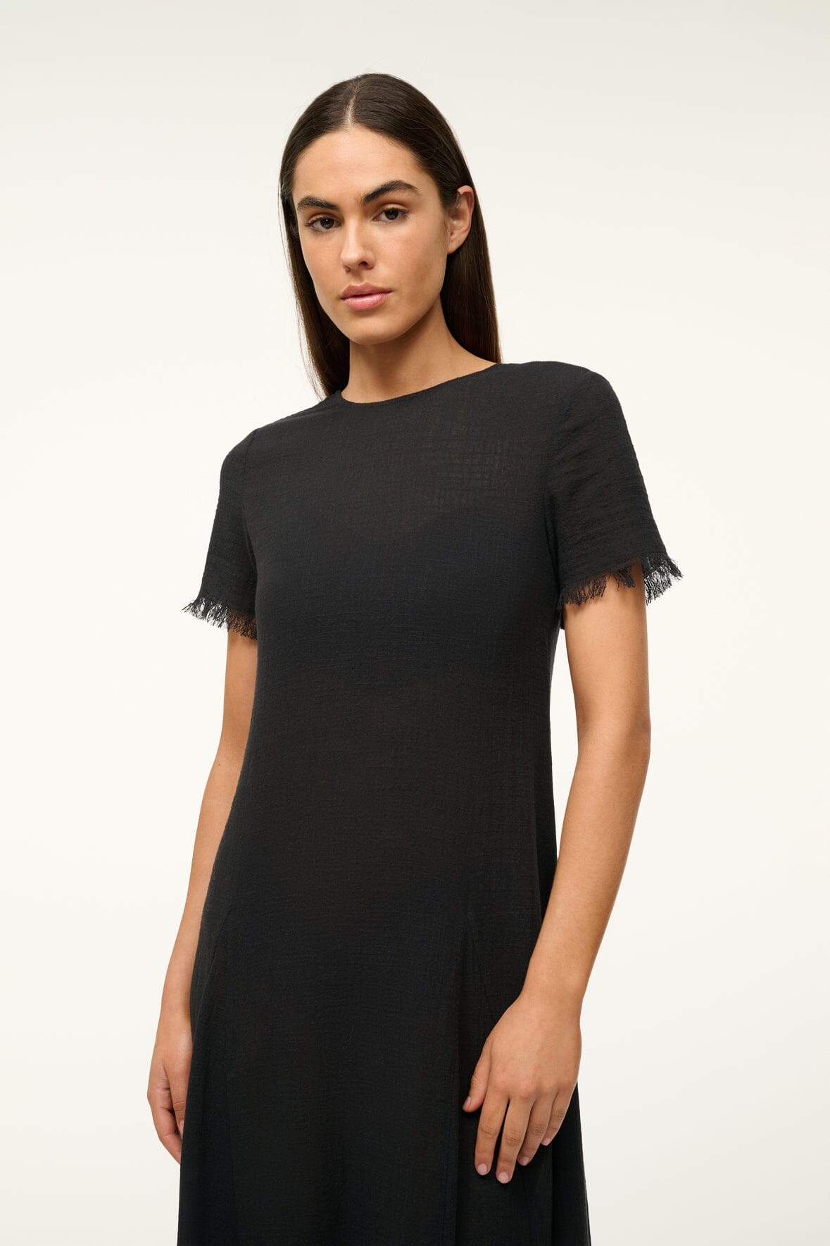 Black coverup dress with crew neck and short fringe sleeves