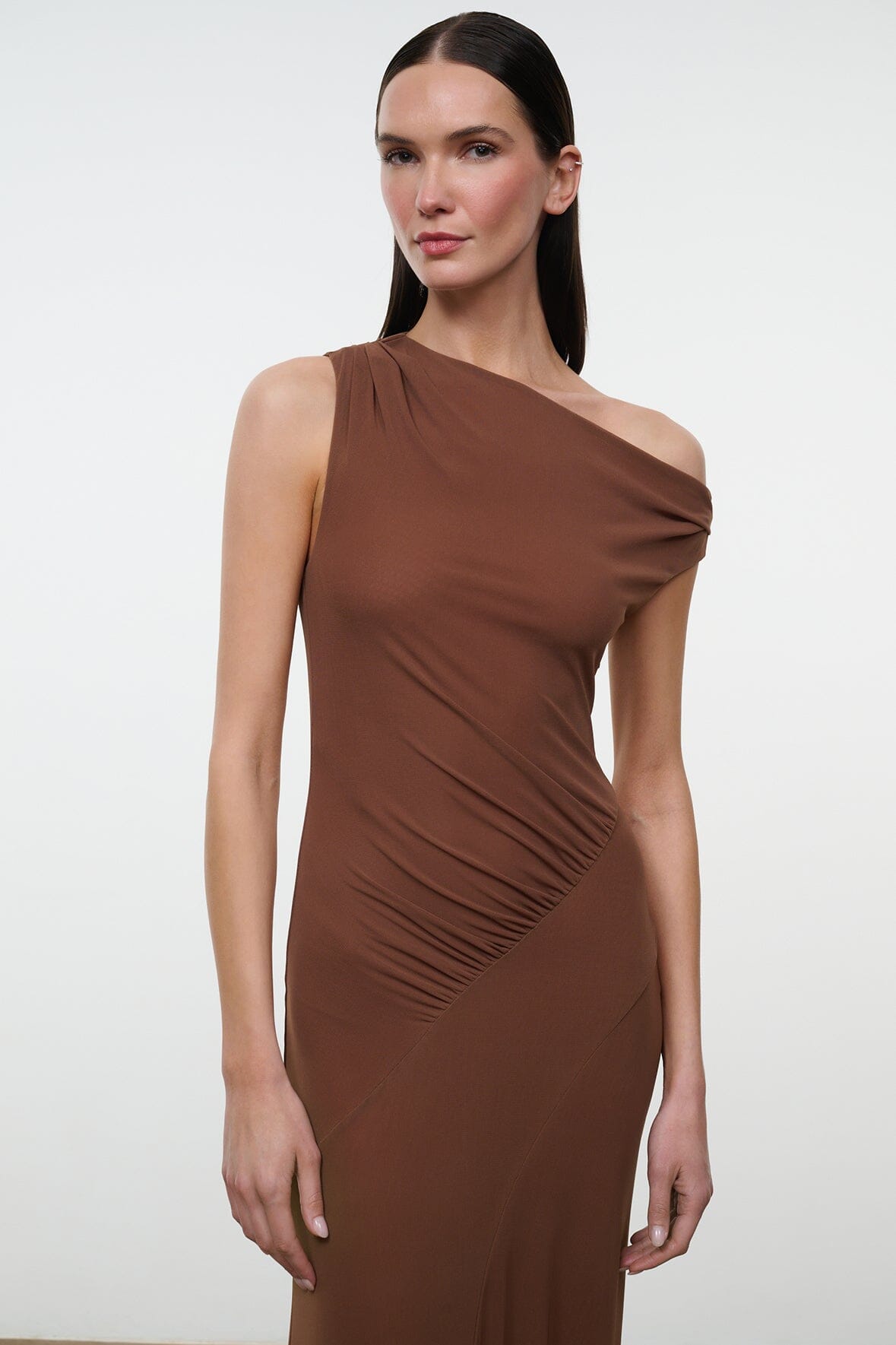 Brown one-shoulder draped midi dress with ruched side and high-low hem