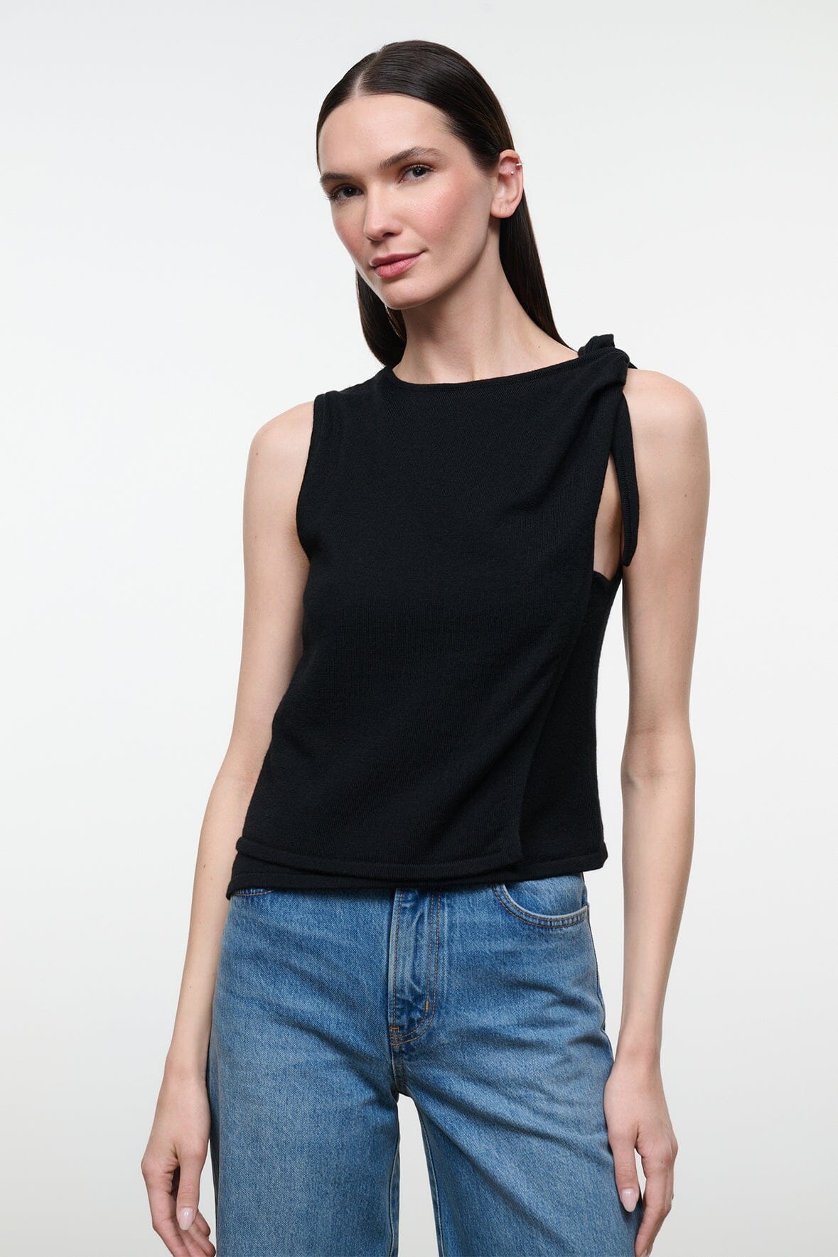 Black sleeveless crewneck top with side folds