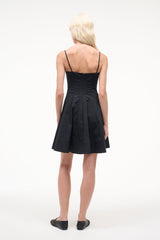 Black mini dress back view with spaghetti straps and flared skirt