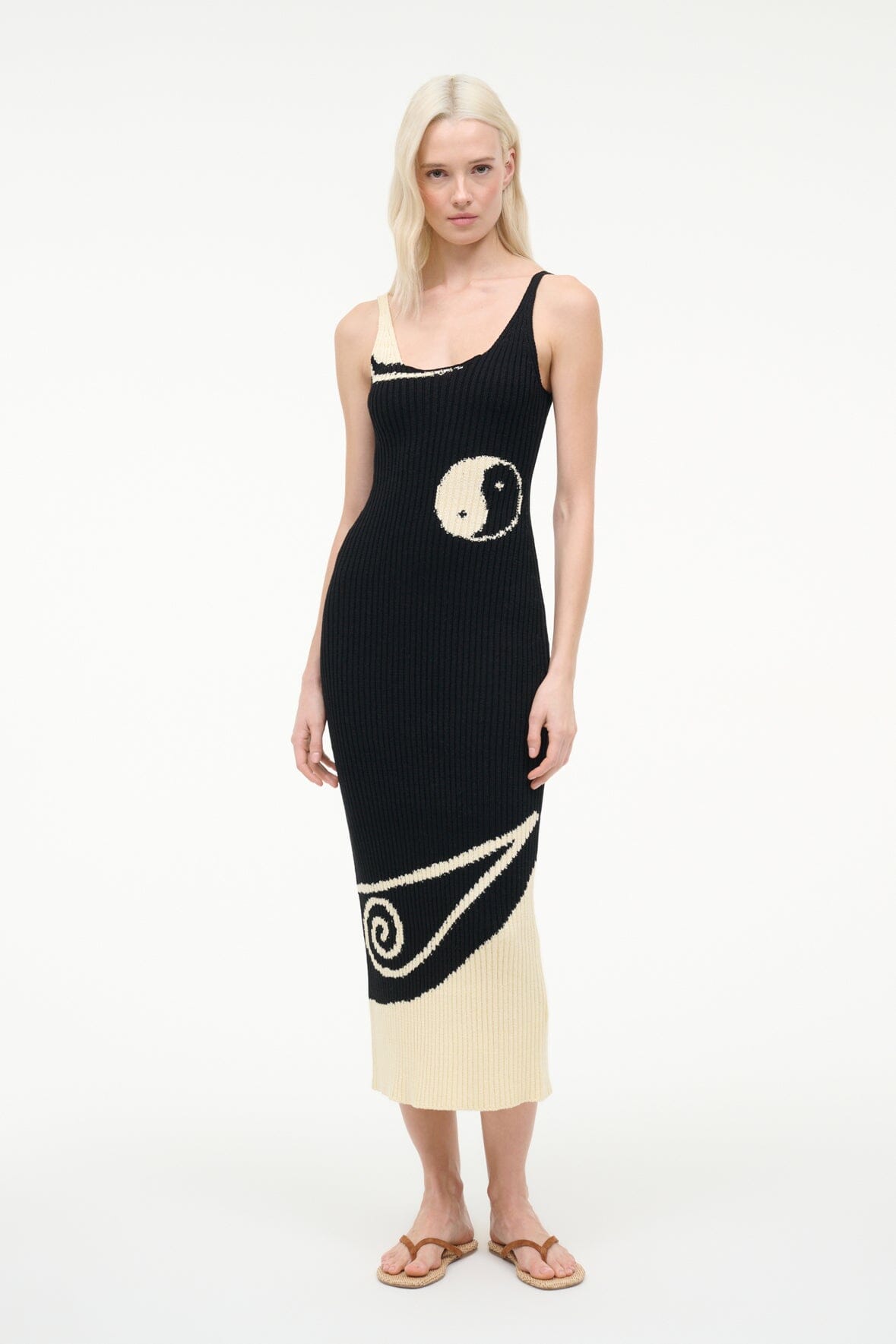 Ribbed midi dress with spaghetti straps, black base, ivory yin-yang motif at center