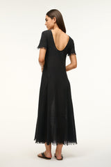 Black coverup dress with open back and short fringe sleeves