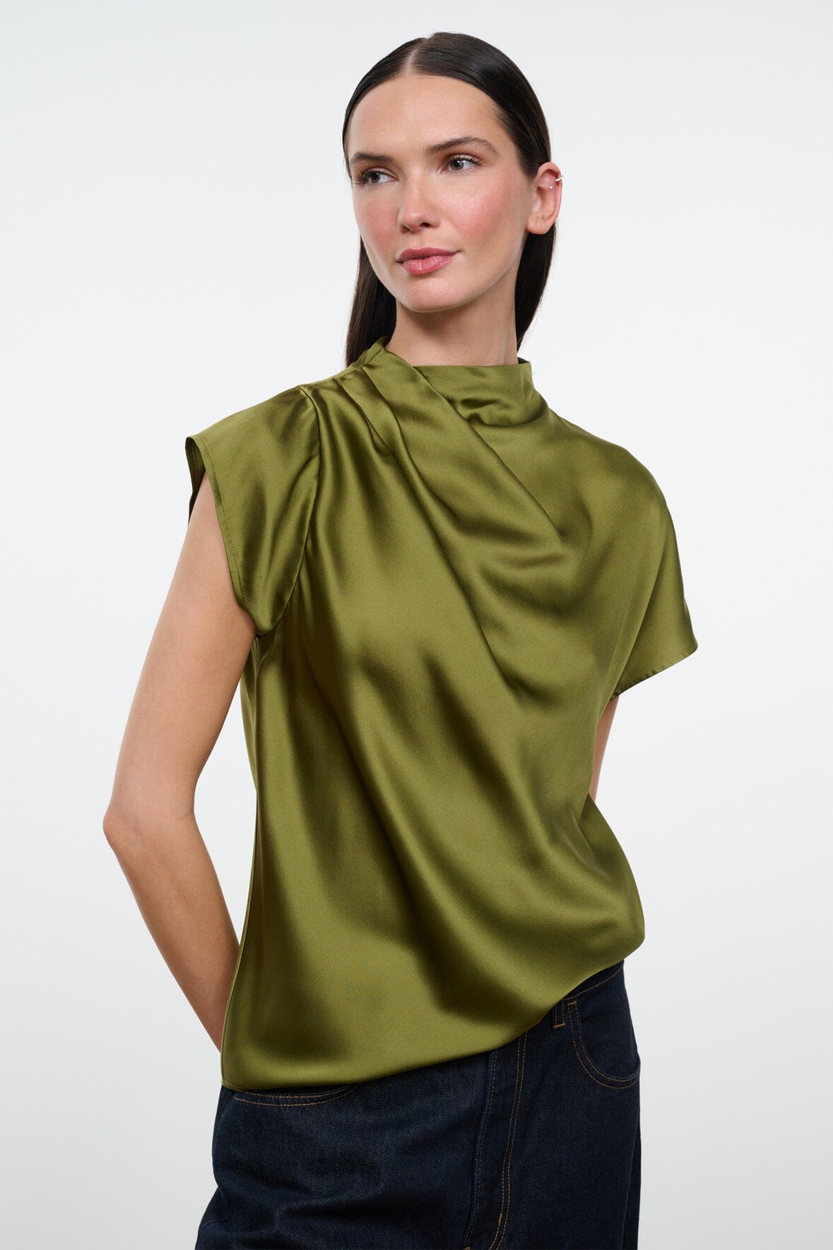 Olive satin silk top with high neck, short cap sleeves, and gathered front drape