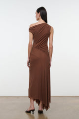 Back view of brown one-shoulder draped dress with ruched detailing and asym hem
