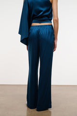Blue silk wide-leg pant with elastic waistband gathered at top