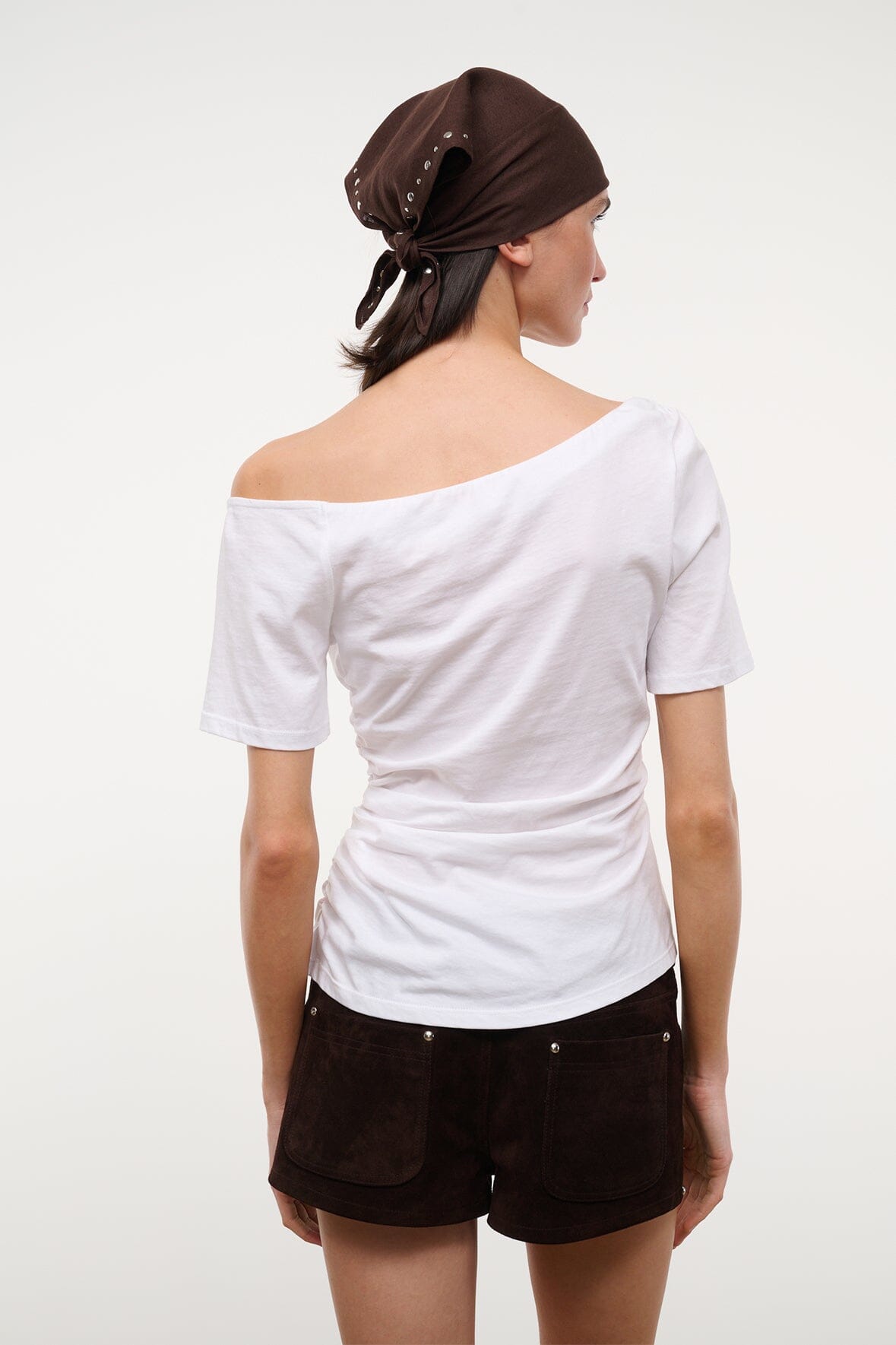 White off-shoulder draped top with short sleeves
