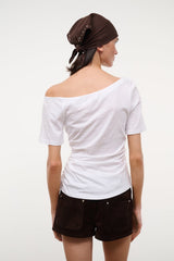 White off-shoulder draped top with short sleeves