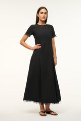 Black long coverup dress with crew neck and fringe sleeve cuffs