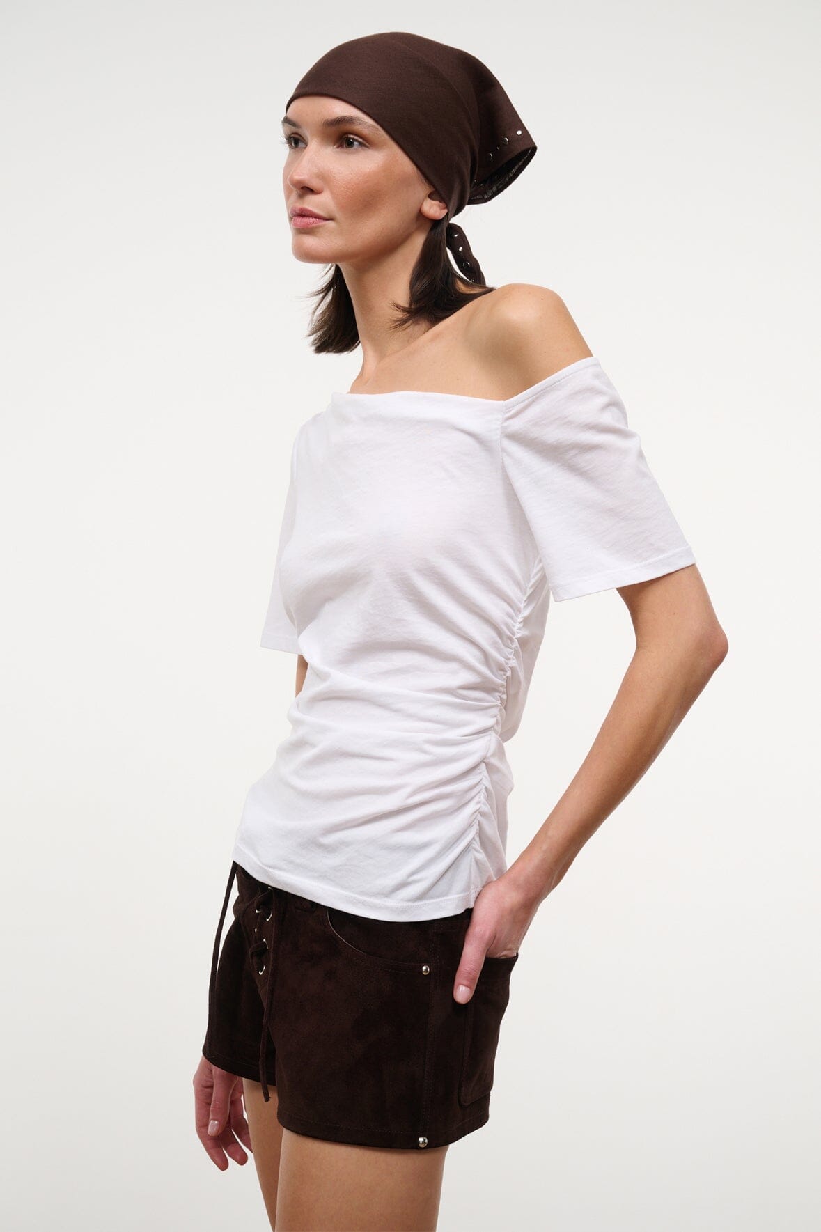 White off-shoulder ruched top with short sleeves