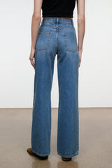 Blue wide-leg denim jeans with belt loops, front patch pockets, straight hem
