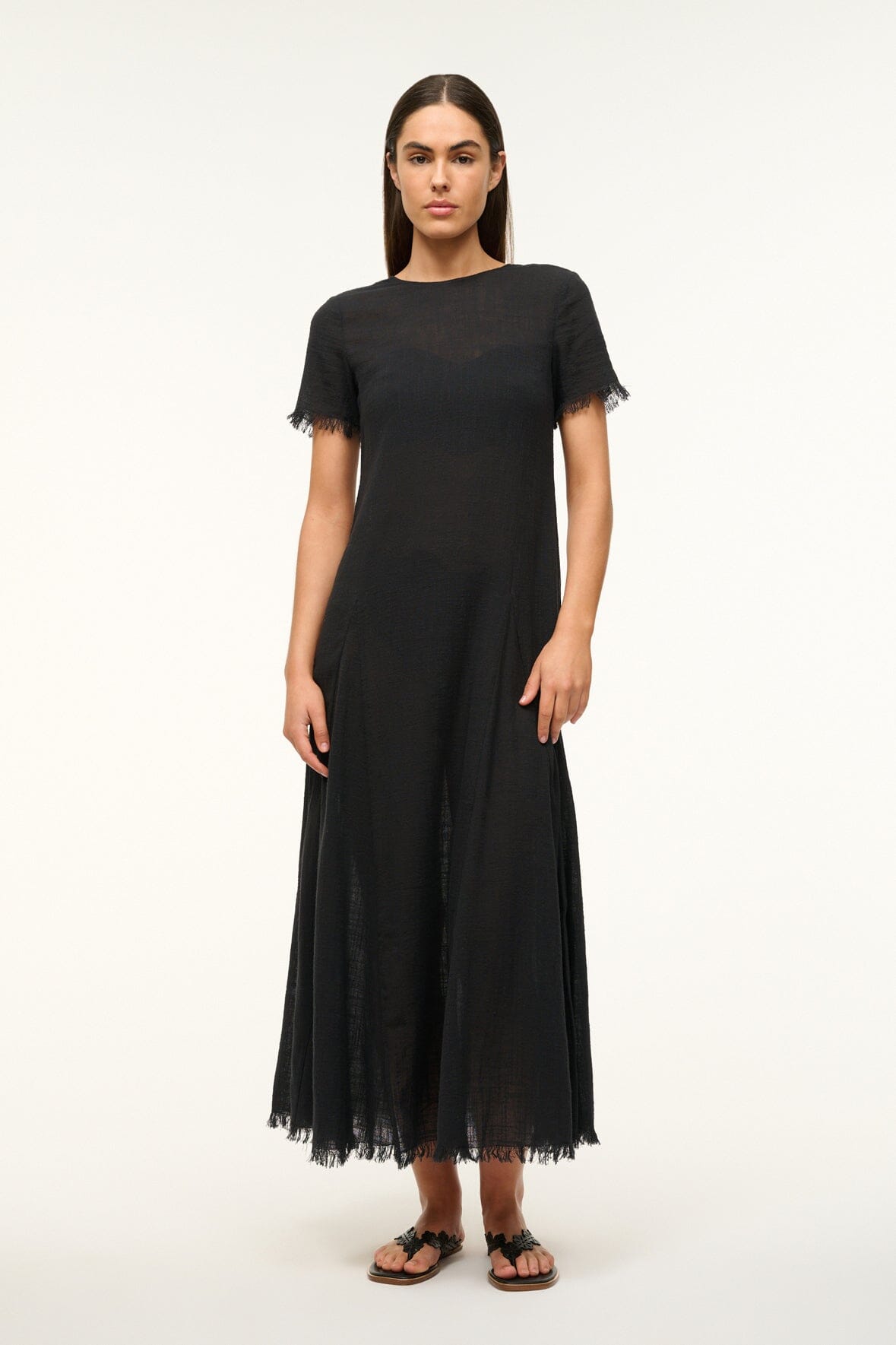 Black long coverup dress with crew neck and fringed hem