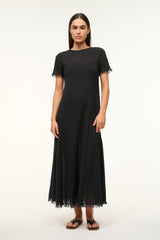 Black long coverup dress with crew neck and fringed hem