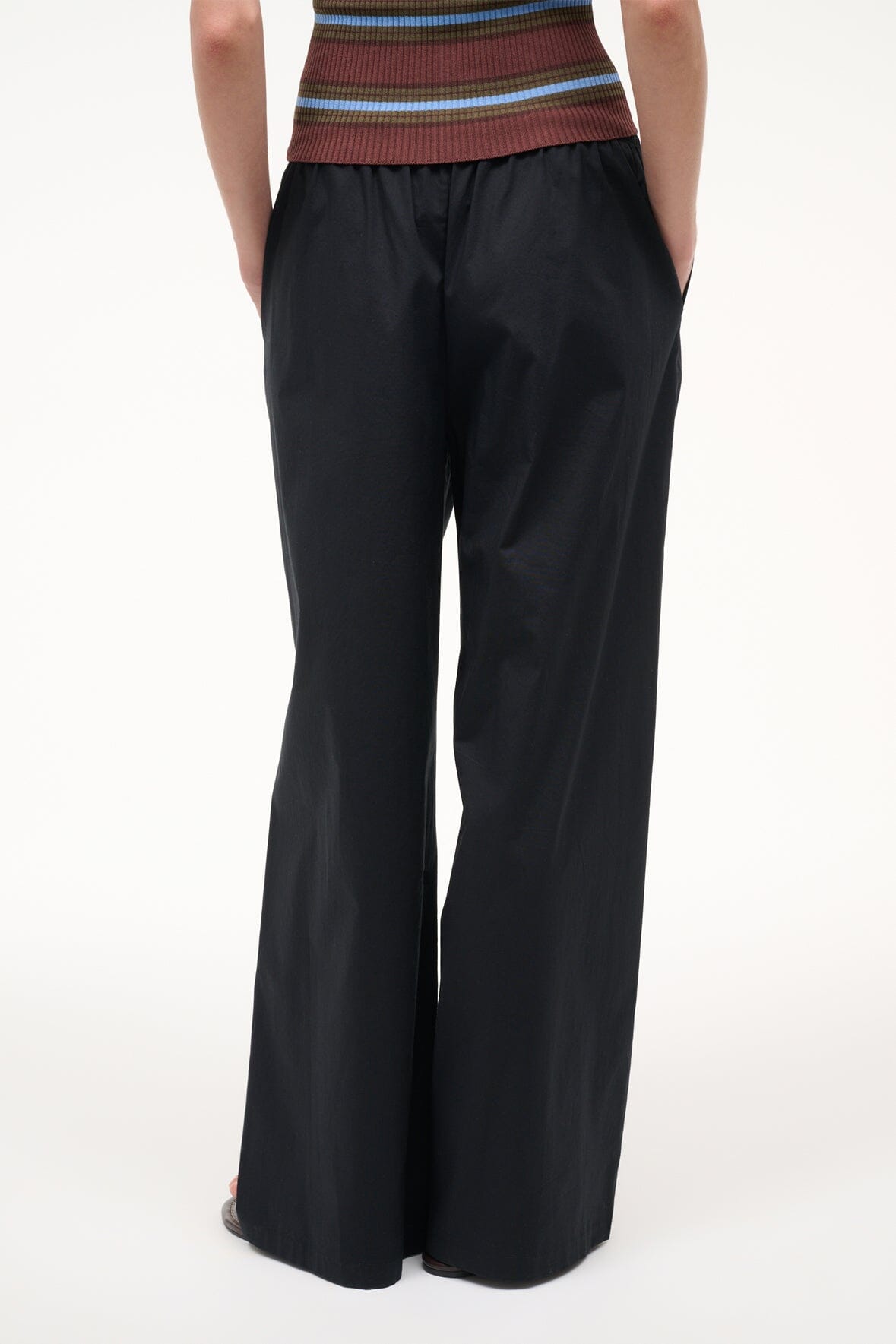 Black wide-leg pants with elastic drawstring waistband, full length