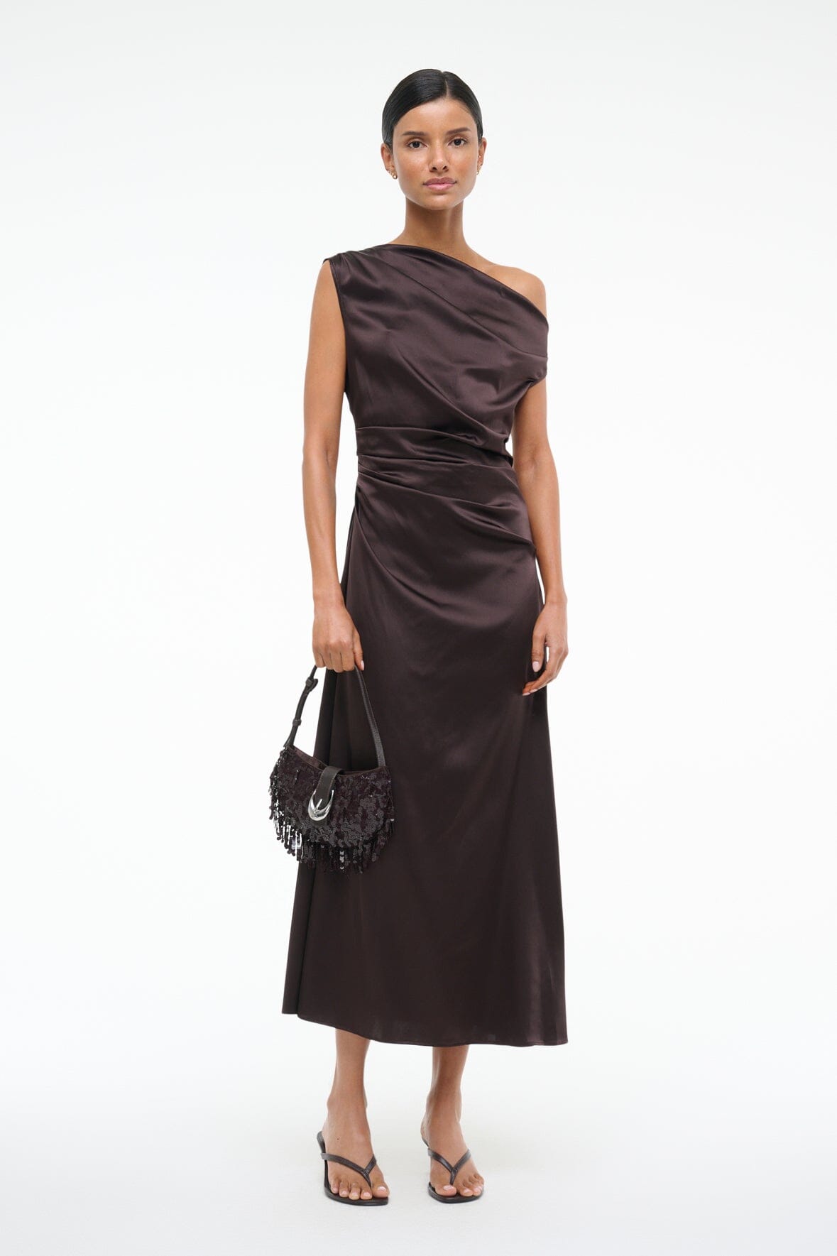 Silk midi dress in dark brown, sleeveless one-shoulder drape, fitted ruched bodice