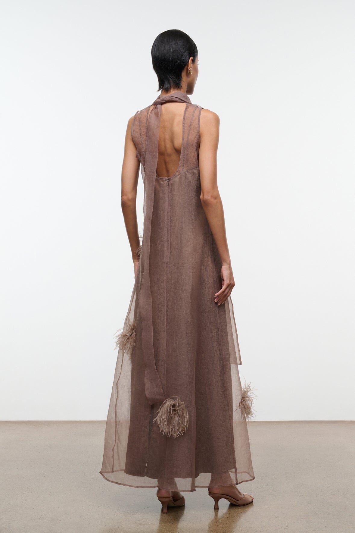 Taupe sheer maxi dress with open back and feather applique details