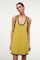 Sleeveless yellow dress with navy-trim U neckline and short flared hem