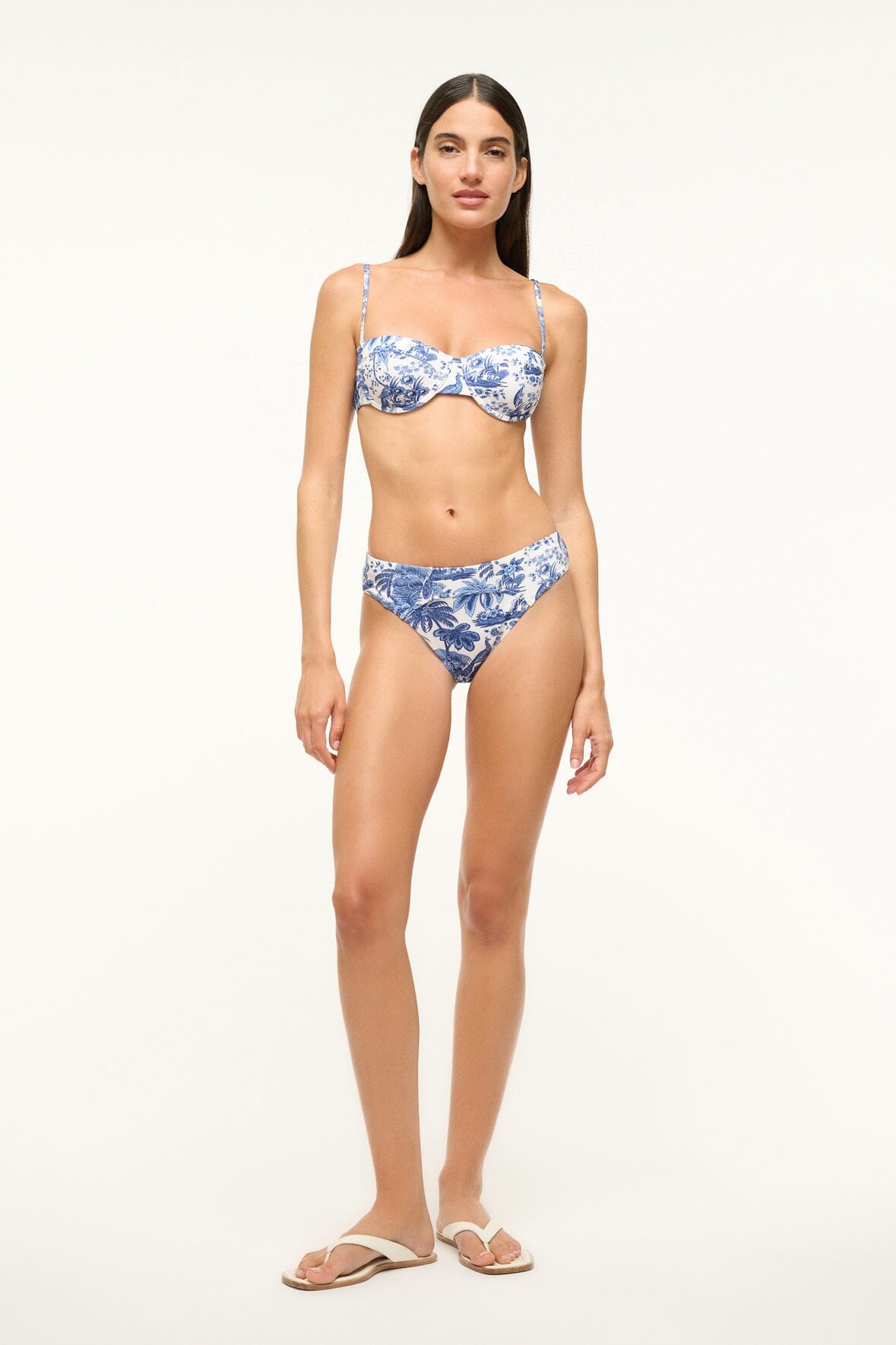 Blue toile balconette bikini top with underwire cups and thin adjustable straps