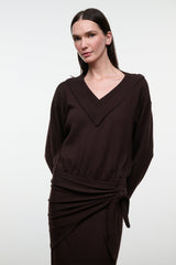 Dark oak knit sweater dress with V-neck, gathered waist tie, long sleeves