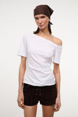 White off-shoulder ruched top with diagonal neckline and short sleeves