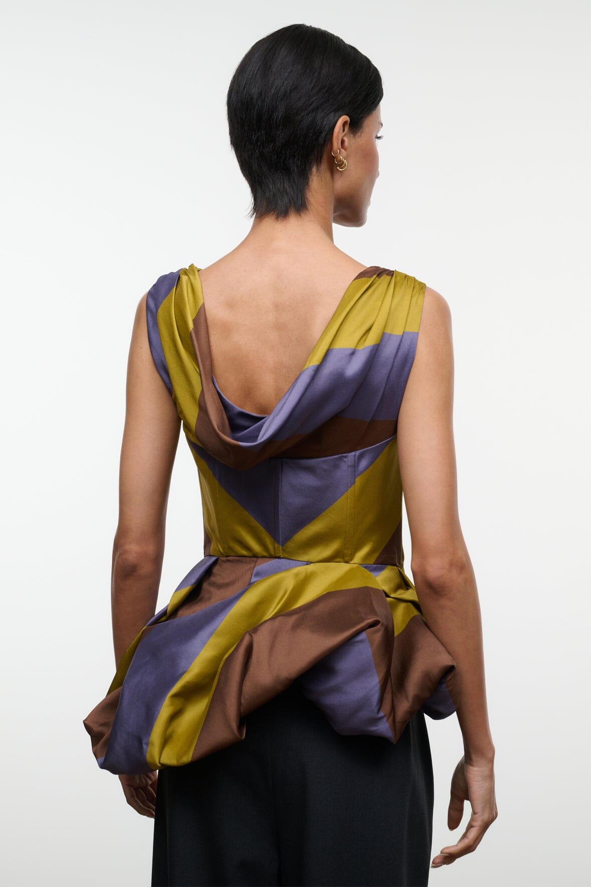 Sleeveless silk top, open V-back with multicolor stripe panels in blue, gold, and brown