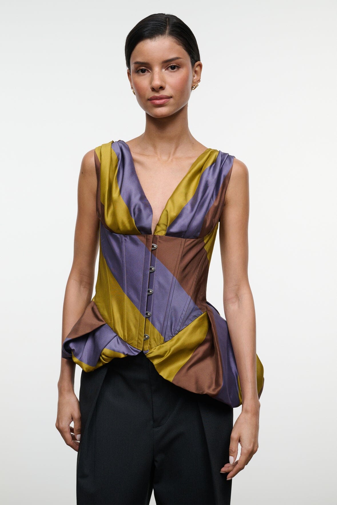 Sleeveless silk top with V-neck, button front, and multicolor stripe panels in blue, gold, brown