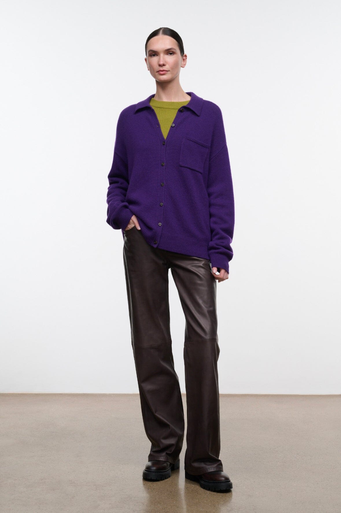 Purple cashmere button-front cardigan with collar and chest pocket, full length view