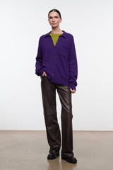 Purple cashmere button-front cardigan with collar and chest pocket, full length view