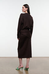 Dark oak knit sweater dress, back view with draped waist tie, long sleeves