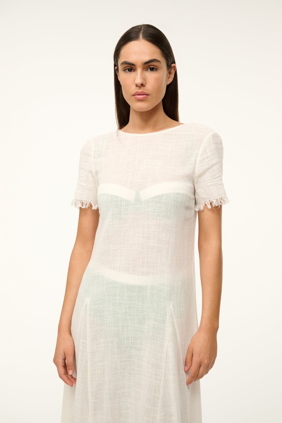LE HAVRE coverup dress in buttercream with short frayed sleeves and scoop neckline