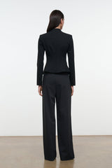 Tailored wide-leg pants, back view with clean yoke and long straight legs