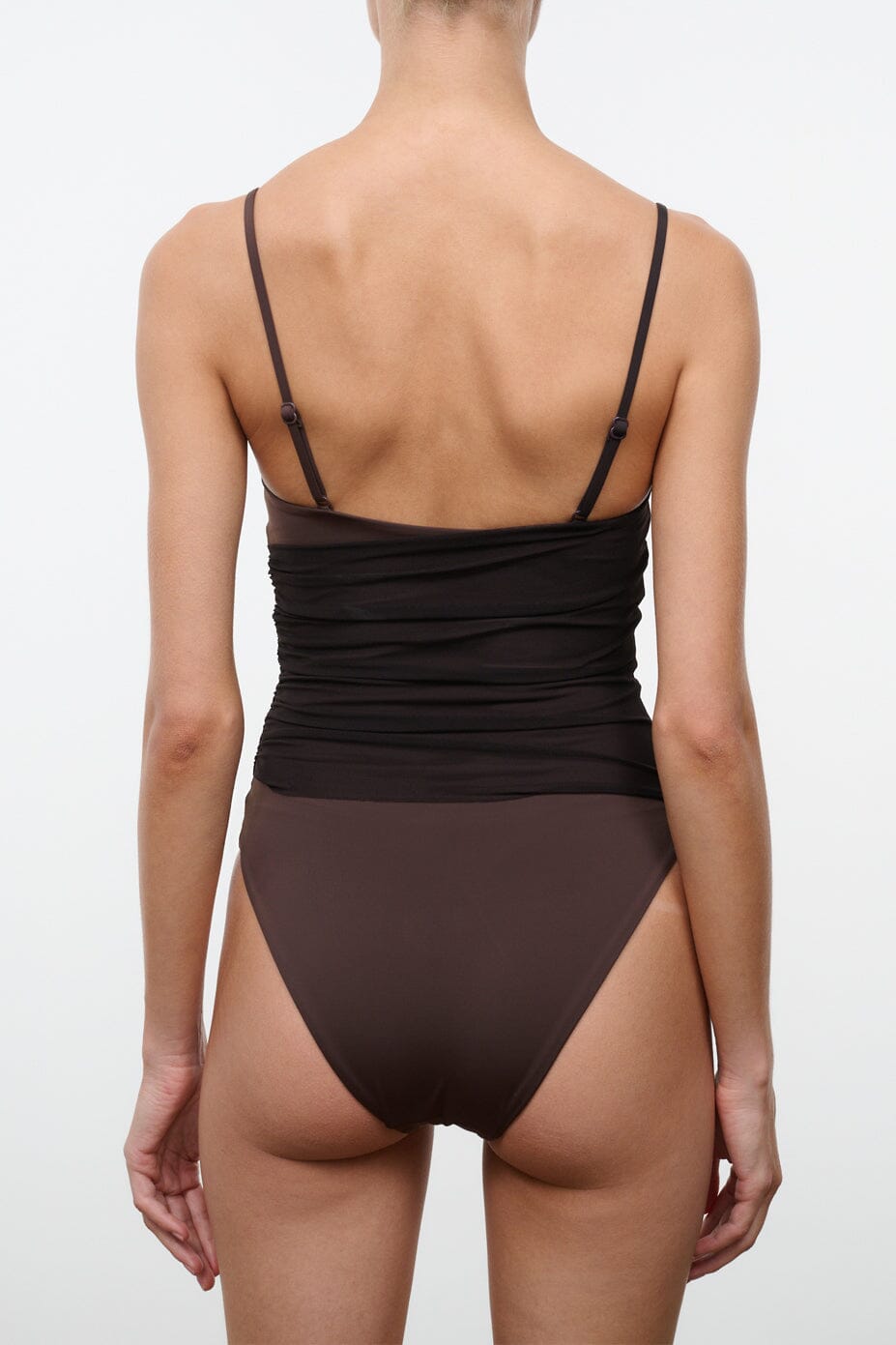 Dark brown ruched one-piece swimsuit with crisscross open-back straps