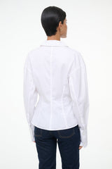 White button-up top back view with yoke and long sleeves