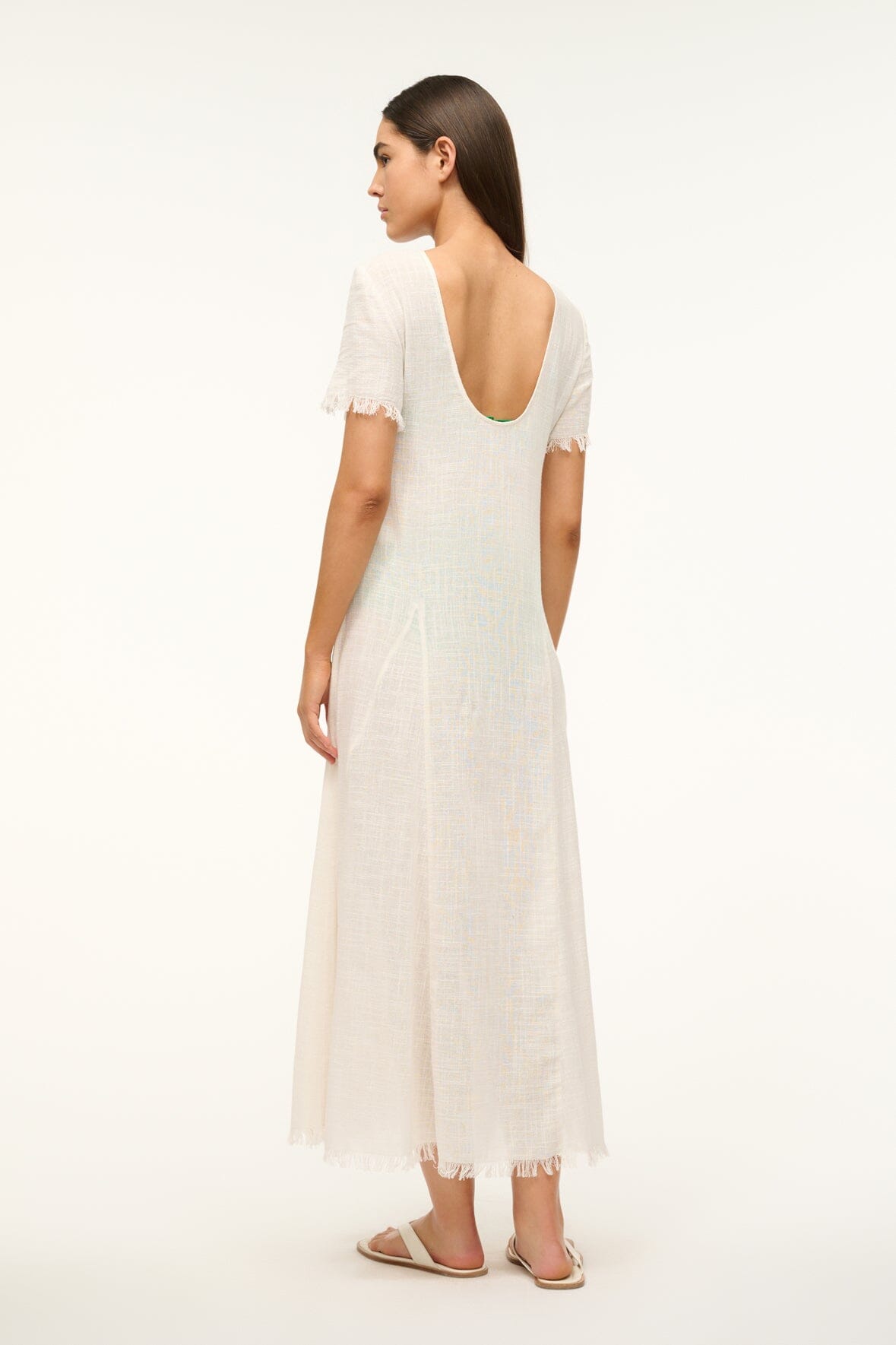Coverup dress with low scoop back and short frayed sleeves, lightweight woven look