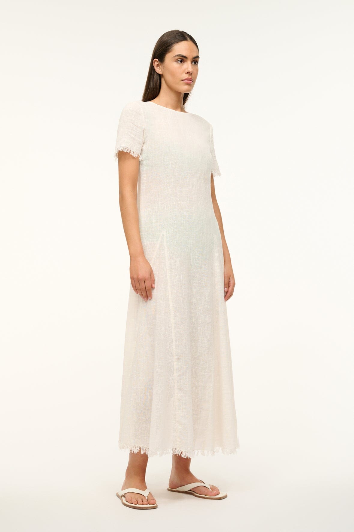 Coverup dress with short frayed sleeves and loose midi length, scoop back neckline