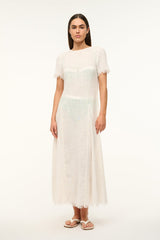 Coverup dress in buttercream with short frayed sleeves and straight midi silhouette