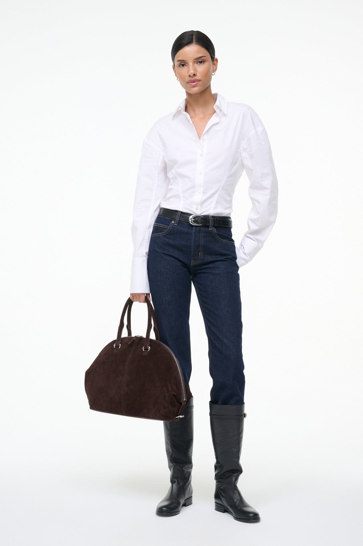 White button-up top with long sleeves and pointed collar