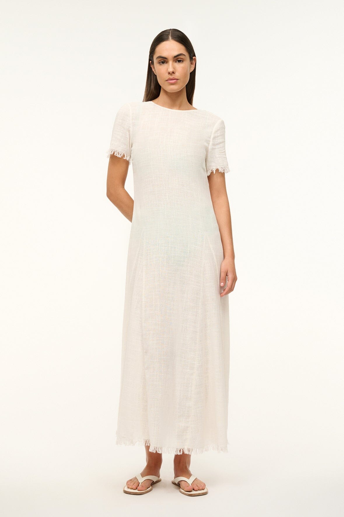 Coverup dress in buttercream with short frayed sleeves, loose fit midi length