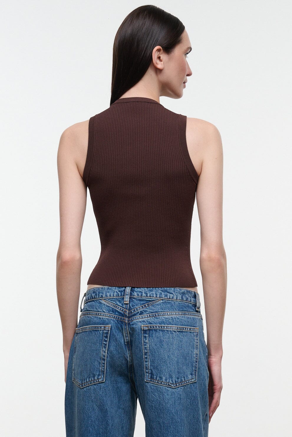 Ribbed sleeveless tank top, dark brown, high back
