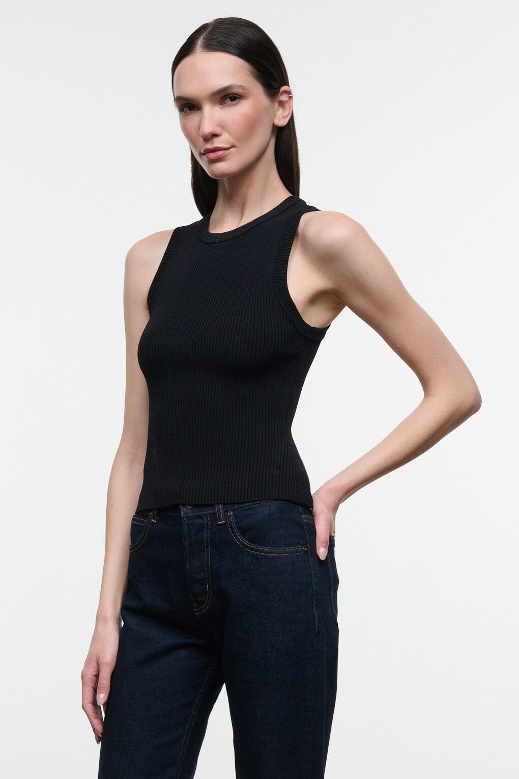 Black ribbed sleeveless tank top with crew neckline