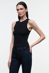 Black ribbed sleeveless tank top with crew neckline
