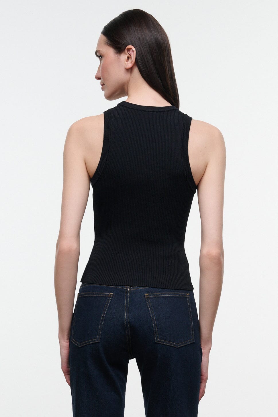 Back of MALIA ribbed black tank top, sleeveless crew neck, straight hem